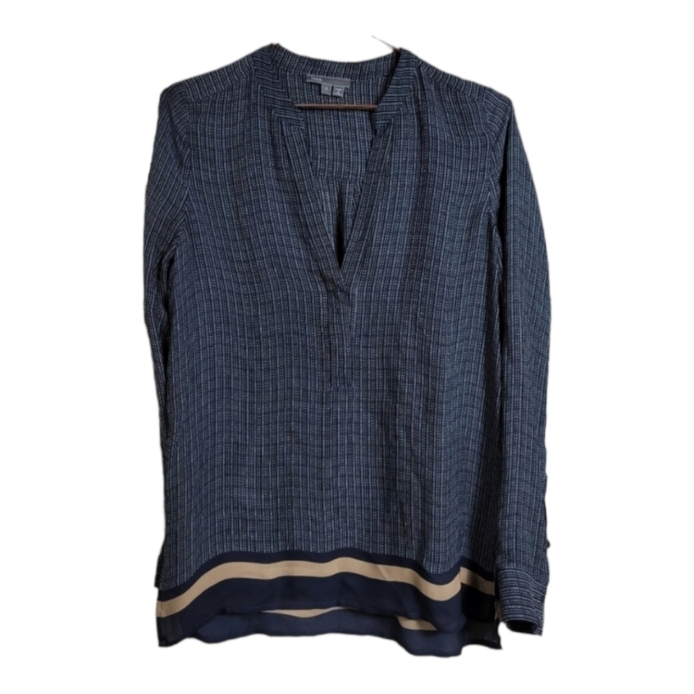 Vince Patterned Silk Shirt in Navy & Tan Pullover